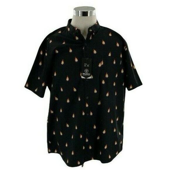 Molokai Surf Co Shirt Men L Short Sleeve Chest Pocket Fireball Flaming Skull NWT - Picture 4 of 9